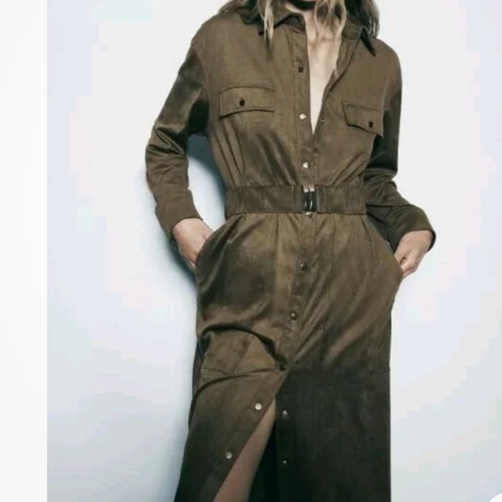 ZARA SUEDE ARMY GREEN MIDI DRESS SIZE SMALL